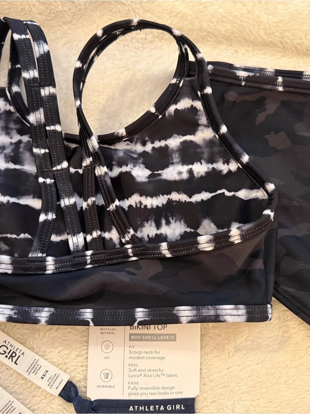 Athleta Girl reversible, camo Black & White Tie-Dye Sports Bikini Set size 6